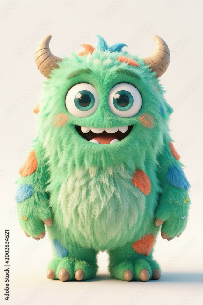 Fototapeta premium Cute Green Monster Character with Horns on White Background