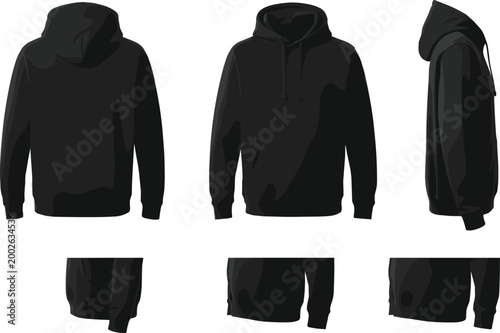 Canvas Print Black hoodie mockup and turnaround template with front, back, and side views isolated on white background