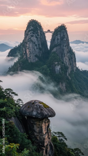 Mountain Landscape Shrouded in Ethereal Morning Mist