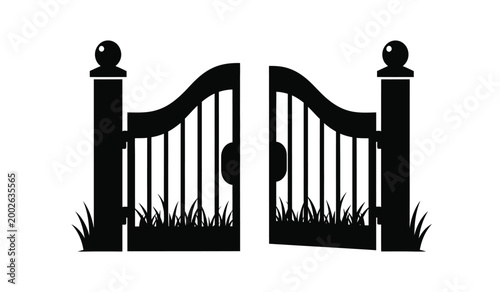 Fényképezés black silhouette of ornate wrought iron gates with decorative finials and grass