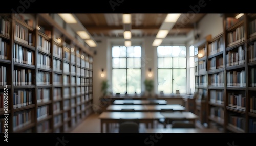 Blurry College Library Interior with Bookshelves and Classroom Background Backdrop