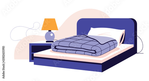 Comfortable bedroom interior with made bed purple comforter and lamp on nightstand representing rest and healthy sleep habits.