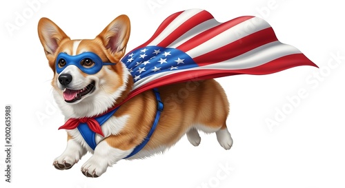 A cute corgi dog dressed as a superhero with an american flag cape isolated on white background