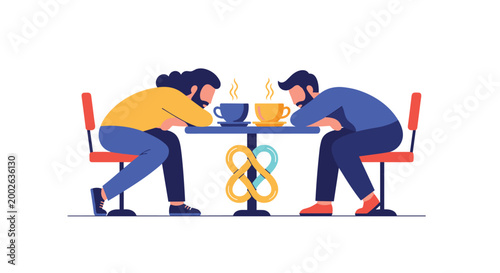 Two tired men sitting at cafe table with coffee cups resting their heads in exhaustion with infinity symbol between them.