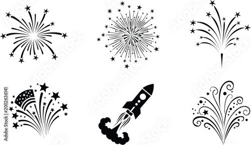 Collection of patriotic american fireworks and rocket vector illustration for celebrations.