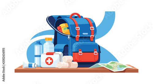 Blue travel backpack packed with essential supplies including first aid kit water bottles map and bandages for hiking or camping.