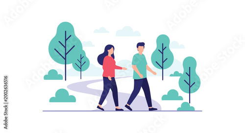 Young couple or friends enjoying healthy lifestyle by walking together on winding path through green park with trees and bushes.