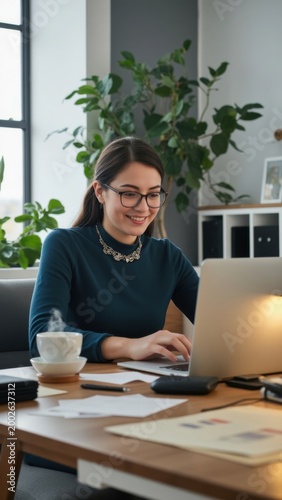 Smiling female professional on a computer, home office environment.