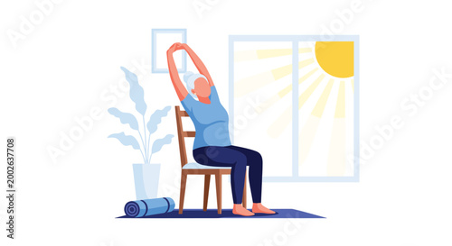 Senior woman performs gentle stretching exercises and chair yoga in a bright room filled with natural morning sunlight.