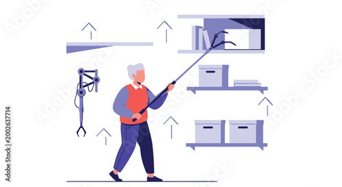 Elderly person uses a long handled reaching tool to safely retrieve an object from a high storage shelf at home.