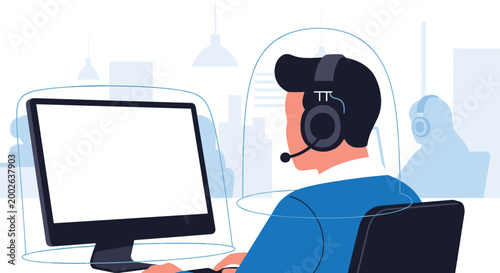 Customer support agent wearing a professional headset works at a computer station equipped with a protective safety shield.
