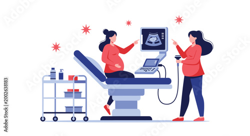 Two pregnant women look at an ultrasound screen during a prenatal appointment to monitor fetal development in a clinic.