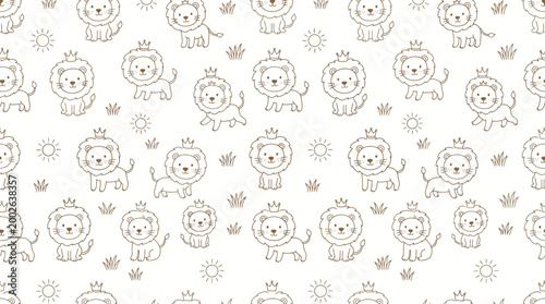 Soft beige fabric pattern featuring repeated playful cartoon lions and simple line art.