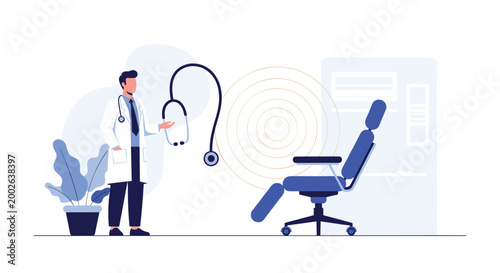 Healthcare professional stands in a modern office featuring a large stethoscope icon and specialized medical seating.