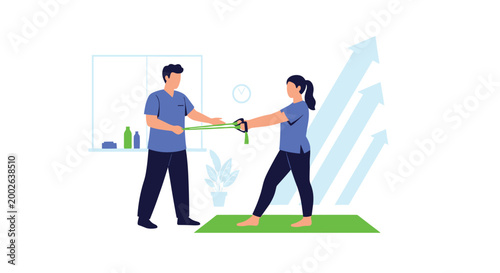 Patient performs upper body strengthening exercises with a resistance band under the supervision of a physical therapist.