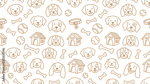 Playful Dog Illustration Pattern Featuring Puppies, Bones and Dog Houses on a Soft Beige Background.