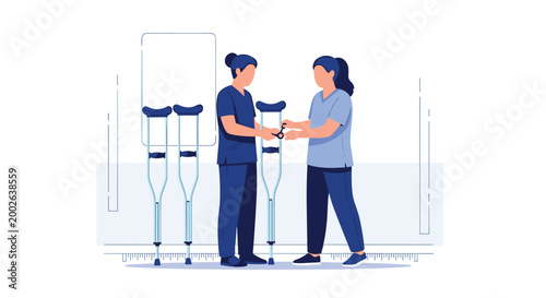 Healthcare workers assist a patient in a hospital hallway by providing and adjusting mobility aids like underarm crutches.