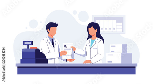 Two medical experts discuss patient prescriptions and pharmaceutical records while working behind a modern pharmacy counter.