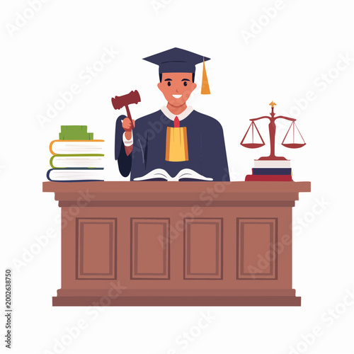 Judge Holding Gavel at Desk with Books and Scales of Justice