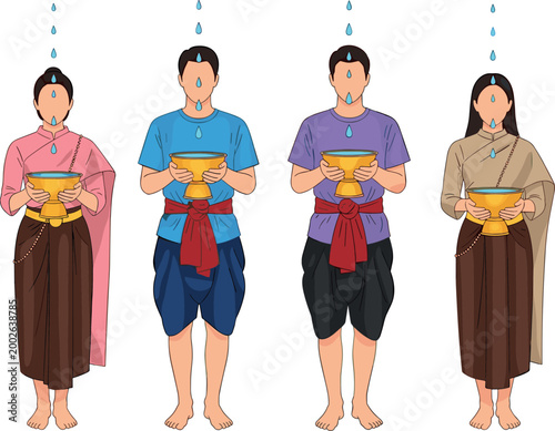 Traditional Thai Water Pouring Ceremony Illustration with People in Cultural Clothing and Sacred Bowls