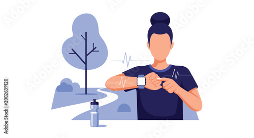 Athlete checking her smartwatch for heart rate data while out for a run on a path through a beautiful public park.