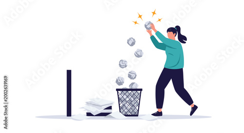 Woman throwing crumpled paper into a trash bin while clearing her office desk of various old documents and files.