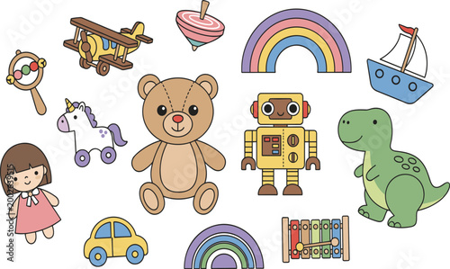 Large set of cute kawaii children's toys including teddy bear, robot, dinosaur, and rainbows isolated on white background.
