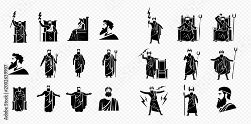 Greek Mythology Gods Icon Set: Zeus, Poseidon, and Hades in Various Poses and Attributes.