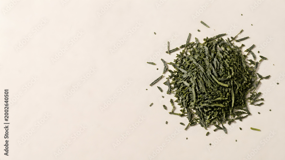 Fototapeta premium Sencha Tea Leaves Top View Background with Copy Space