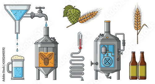 Detailed infographic style illustration of the beer brewing process including industrial machinery, ingredients, and final products.