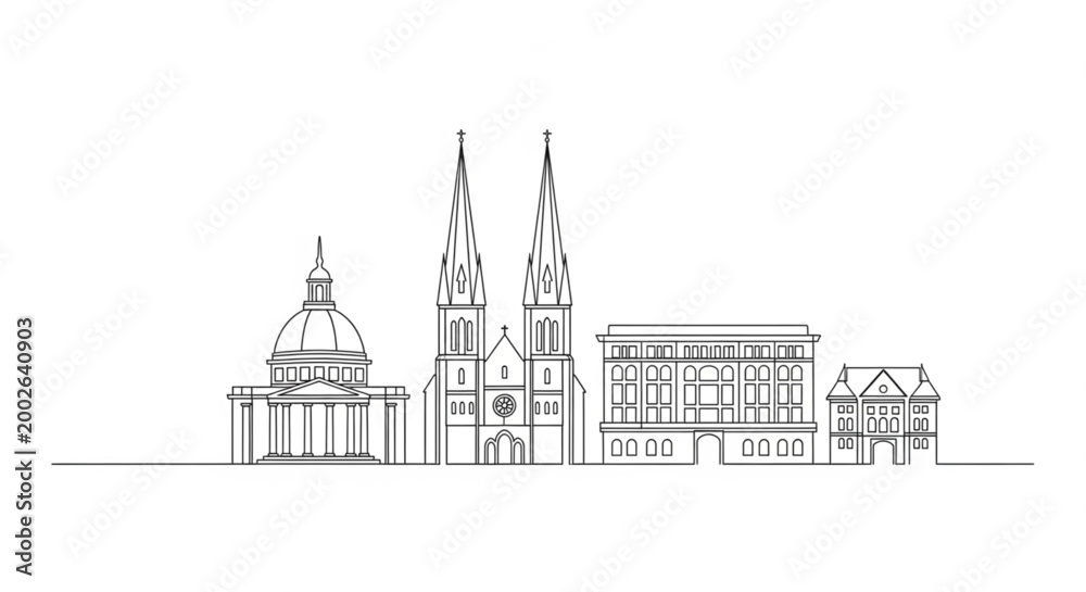 Fototapeta premium Minimal Line European Landmark Skyline Vector Featuring Cathedral Dome Palace and Historic Buildings Clean Architectural Outline Collection