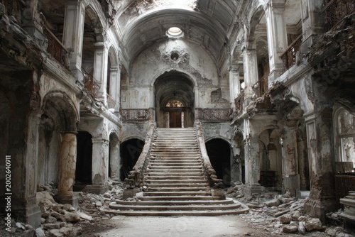 Decaying grand staircase in abandoned palace