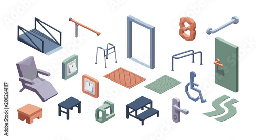 Isometric set of accessibility icons and home safety features like ramps, handrails, and a wheelchair symbol.