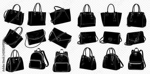 Set of various black silhouettes of women's handbags, purses, and backpacks on a transparent background, fashion accessories collection.
