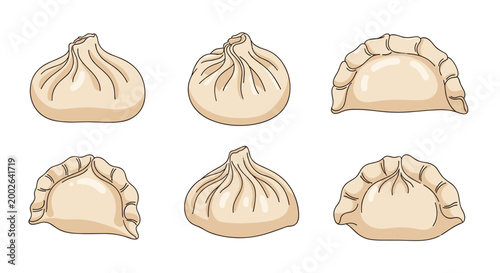 Collection of six hand-drawn illustrations of various types of dumplings including khinkali and gyoza from different perspectives.