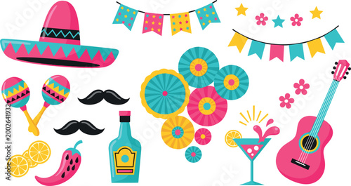 Cinco de Mayo festive elements set with sombrero maracas guitar tequila cocktail colorful Mexican celebration vector illustration