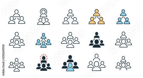 Large collection of diverse icons representing teams, groups, social networks, and hierarchical structures in various styles.