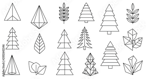 Set of stylized geometric trees, leaf shapes, and multifaceted crystals or gems in a modern minimalist line art style.