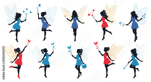 Magical fairy silhouettes in blue and red dresses are depicted with wings and magic wands in various graceful flying poses.