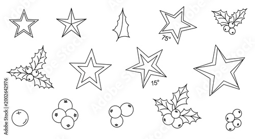 Christmas decorative elements collection featuring line art drawings of stars and holly leaves for winter holidays.