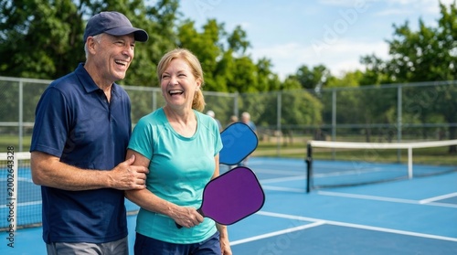 Senior couple laughing holding paddles on court