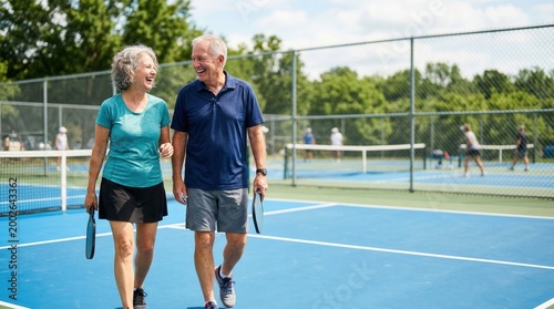 Senior couple laughing and walking with paddles on court