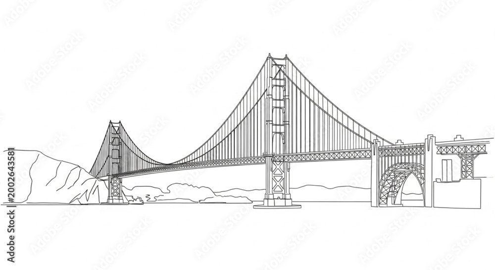 Obraz premium Suspension Bridge Line Art Illustration with Tall Towers and Cable Structure Modern Infrastructure Architecture Vector Isolated on White Background