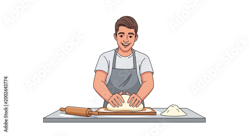 Man wearing apron kneading dough.