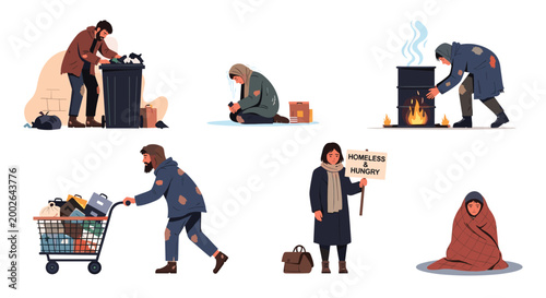 Series of illustrations depicts homeless people in difficult living situations such as searching for food and sleeping on streets.