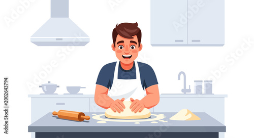 Man wearing apron kneading dough.