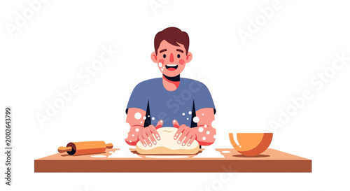 Man making dough on table.