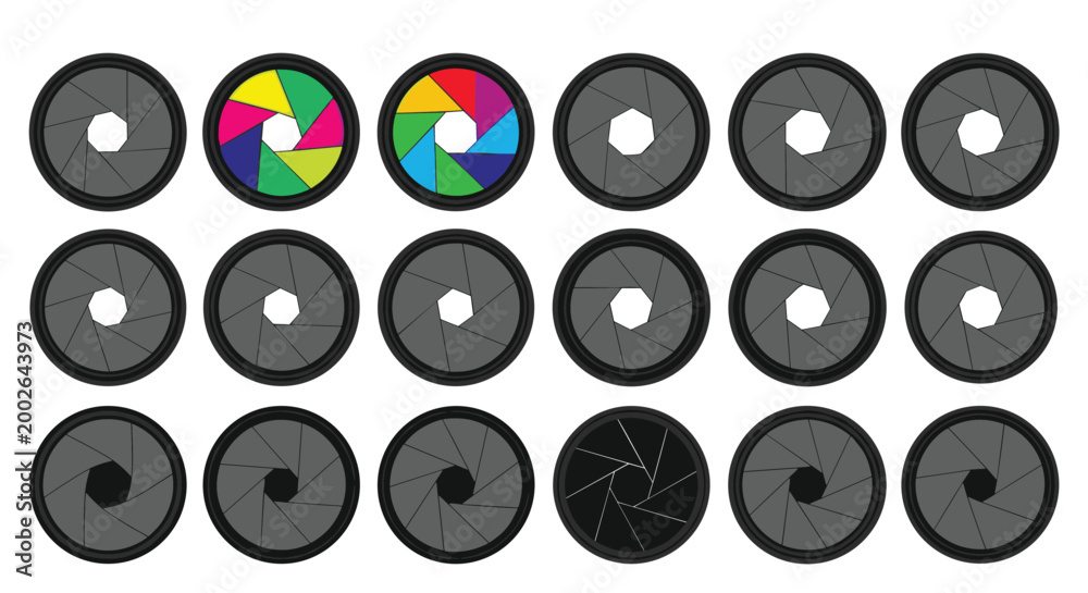 Fototapeta premium Large grid of camera lens aperture icons showing various opening sizes and two colorful rainbow versions for photography and graphic design.