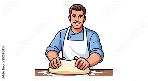 Man wearing apron kneading dough.