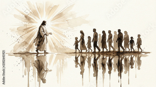 Jesus reaching out to people walking on glowing path